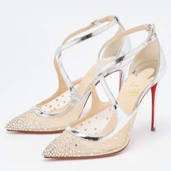 Pre Owned Christian Louboutin Silver/Beige Mesh and Leather Twistissima Pumps Size 36.5
