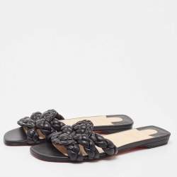 Christian Louboutin Black Woven Leather Marmella  Flat Slides Size 40