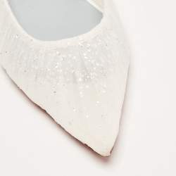 Pre Owned Christian Louboutin White Glitter Tulle Fabric and Satin Kate Ballet Flats Size 36.5 
