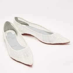 Pre Owned Christian Louboutin White Glitter Tulle Fabric and Satin Kate Ballet Flats Size 36.5 