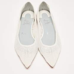 Pre Owned Christian Louboutin White Glitter Tulle Fabric and Satin Kate Ballet Flats Size 36.5 