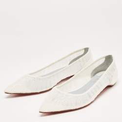 Pre Owned Christian Louboutin White Glitter Tulle Fabric and Satin Kate Ballet Flats Size 36.5 