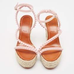 Christian Louboutin Pink Patent Leather Mafaldina Spike Wedge Espadrille Ankle Strap Sandals Size 37