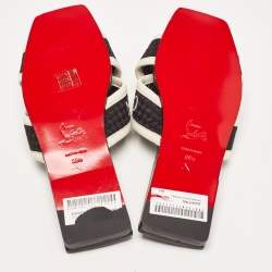 Pre Owned Christian Louboutin Black/White Logo Canvas and Leather Crossimule Flat Slides Size 38.5