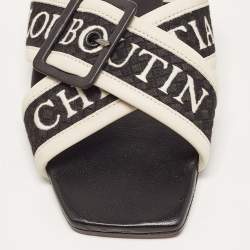 Pre Owned Christian Louboutin Black/White Logo Canvas and Leather Crossimule Flat Slides Size 38.5