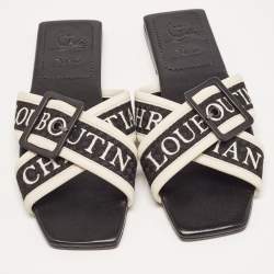 Pre Owned Christian Louboutin Black/White Logo Canvas and Leather Crossimule Flat Slides Size 38.5