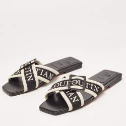 Pre Owned Christian Louboutin Black/White Logo Canvas and Leather Crossimule Flat Slides Size 38.5