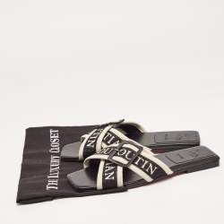 Pre Owned Christian Louboutin Black/White Logo Canvas and Leather Crossimule Flat Slides Size 38.5