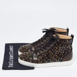 Pre Owned Christian Louboutin Brown/Black Embossed Snakeskin Louis Spikes High Top Sneakers Size 39.5