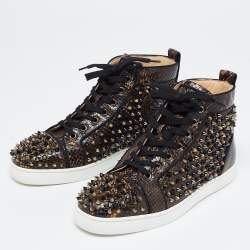 Pre Owned Christian Louboutin Brown/Black Embossed Snakeskin Louis Spikes High Top Sneakers Size 39.5