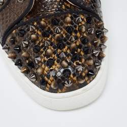Pre Owned Christian Louboutin Brown/Black Embossed Snakeskin Louis Spikes High Top Sneakers Size 39.5