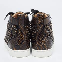Pre Owned Christian Louboutin Brown/Black Embossed Snakeskin Louis Spikes High Top Sneakers Size 39.5