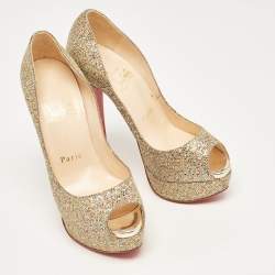 Pre Owned Christian Louboutin Gold Lurex Fabric Lady Peep Pumps Size 35