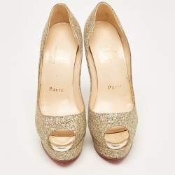 Pre Owned Christian Louboutin Gold Lurex Fabric Lady Peep Pumps Size 35