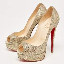 Pre Owned Christian Louboutin Gold Lurex Fabric Lady Peep Pumps Size 35