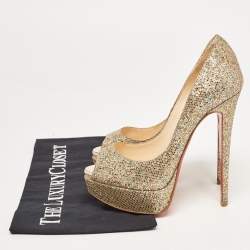 Pre Owned Christian Louboutin Gold Lurex Fabric Lady Peep Pumps Size 35
