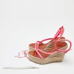 Christian Louboutin Pink Patent Leather Malfadina Spike Wedge Espadrille Ankle Strap Sandals Size 38