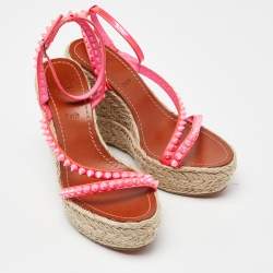 Christian Louboutin Pink Patent Leather Malfadina Spike Wedge Espadrille Ankle Strap Sandals Size 38