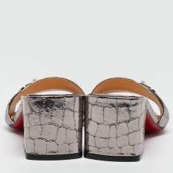 Christian Louboutin Silver Croc Embossed Slides Mules Size 36