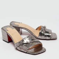Christian Louboutin Silver Croc Embossed Slides Mules Size 36