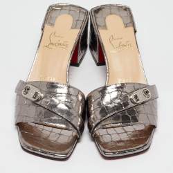 Christian Louboutin Silver Croc Embossed Slides Mules Size 36