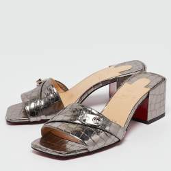 Christian Louboutin Silver Croc Embossed Slides Mules Size 36