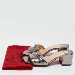 Christian Louboutin Silver Croc Embossed Slides Mules Size 36