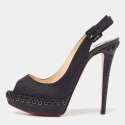 Pre Owned Christian Louboutin Black Canvas Indiana Platform Pumps Size 37.5