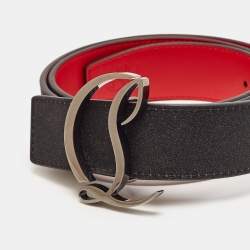 Pre Owned Christian Louboutin Black Glitter Logo CL Logo Belt 85CM