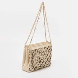 Pre Owned Christian Louboutin Beige Leather Large Triloubi Spiked Shoulder Bag