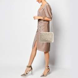 Pre Owned Christian Louboutin Beige Leather Large Triloubi Spiked Shoulder Bag