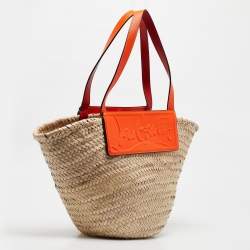Christian Louboutin Orange/Beige Woven Raffia Loubishore Basket Bag