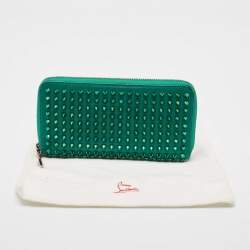 Christian Louboutin Green Leather Spike Studded Zip Continental Wallet