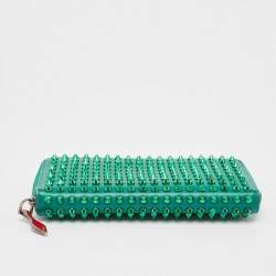 Christian Louboutin Green Leather Spike Studded Zip Continental Wallet