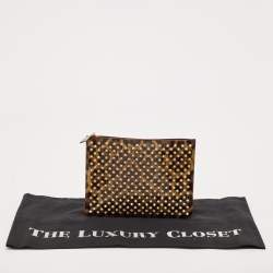 Pre Owned Christian Louboutin Brown Leopard Print Patent Leather Spikes Zip Pouch Clutch