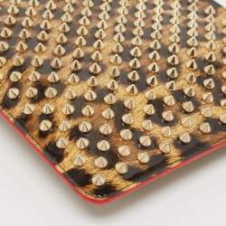 Pre Owned Christian Louboutin Brown Leopard Print Patent Leather Spikes Zip Pouch Clutch