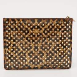 Pre Owned Christian Louboutin Brown Leopard Print Patent Leather Spikes Zip Pouch Clutch