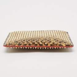 Pre Owned Christian Louboutin Brown Leopard Print Patent Leather Spikes Zip Pouch Clutch