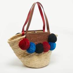 Christian Louboutin Tan/Natural Raffia Palm Pompom Loubishore Basket Bag