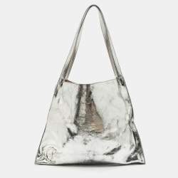 Pre Owned Christian Louboutin Silver Crackled Laminated Leather Le 54 Tote