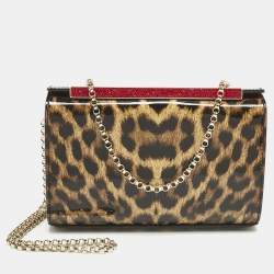 Pre Owned Christian Louboutin Brown Leopard Print Patent Leather Vanite Chain Clutch 