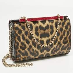 Pre Owned Christian Louboutin Brown Leopard Print Patent Leather Vanite Chain Clutch