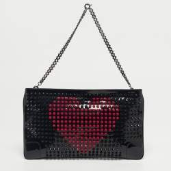 Pre Owned Christian Louboutin Black/Red Patent Leather Loubiposh Valentine Spike Chain Clutch
