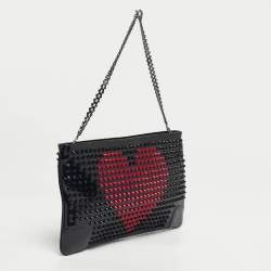 Pre Owned Christian Louboutin Black/Red Patent Leather Loubiposh Valentine Spike Chain Clutch