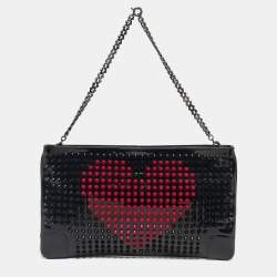 Pre Owned Christian Louboutin Black/Red Patent Leather Loubiposh Valentine Spike Chain Clutch