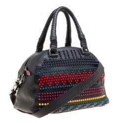 Pre Owned Christian Louboutin Black/Multicolor Leather Spike Studded Bowler Bag