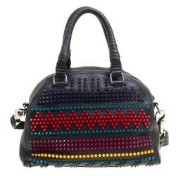 Pre Owned Christian Louboutin Black/Multicolor Leather Spike Studded Bowler Bag
