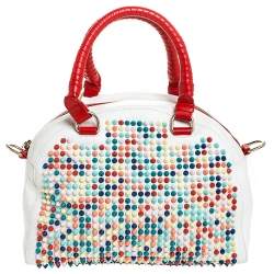 Pre Owned Christian Loboutin White/Red Leather Studded Panettone Satchel 