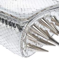 Christian Louboutin Metallic Silver Snakeskin Effect Leather Marquise Spiked Clutch