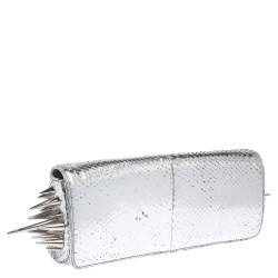 Christian Louboutin Metallic Silver Snakeskin Effect Leather Marquise Spiked Clutch